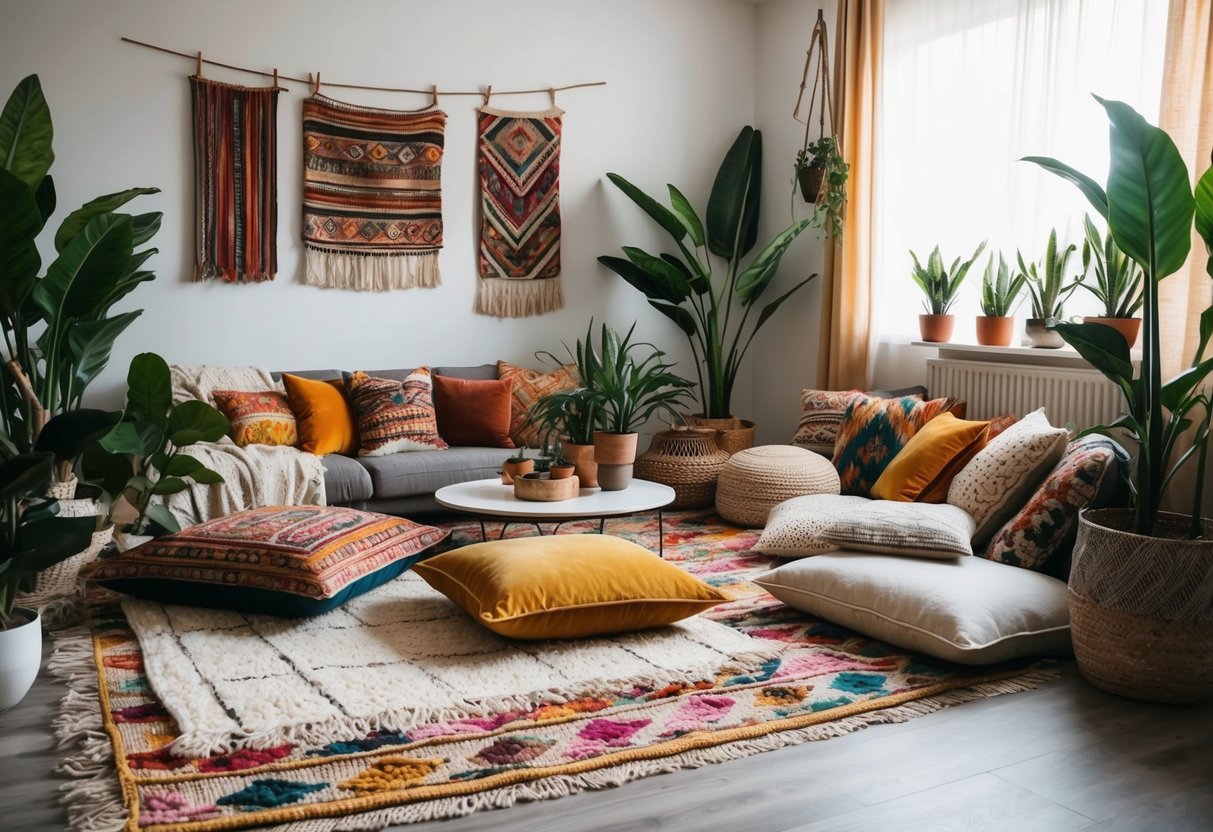 A cozy boho living room with layered area rugs, floor cushions, and low tables surrounded by plants and colorful textiles