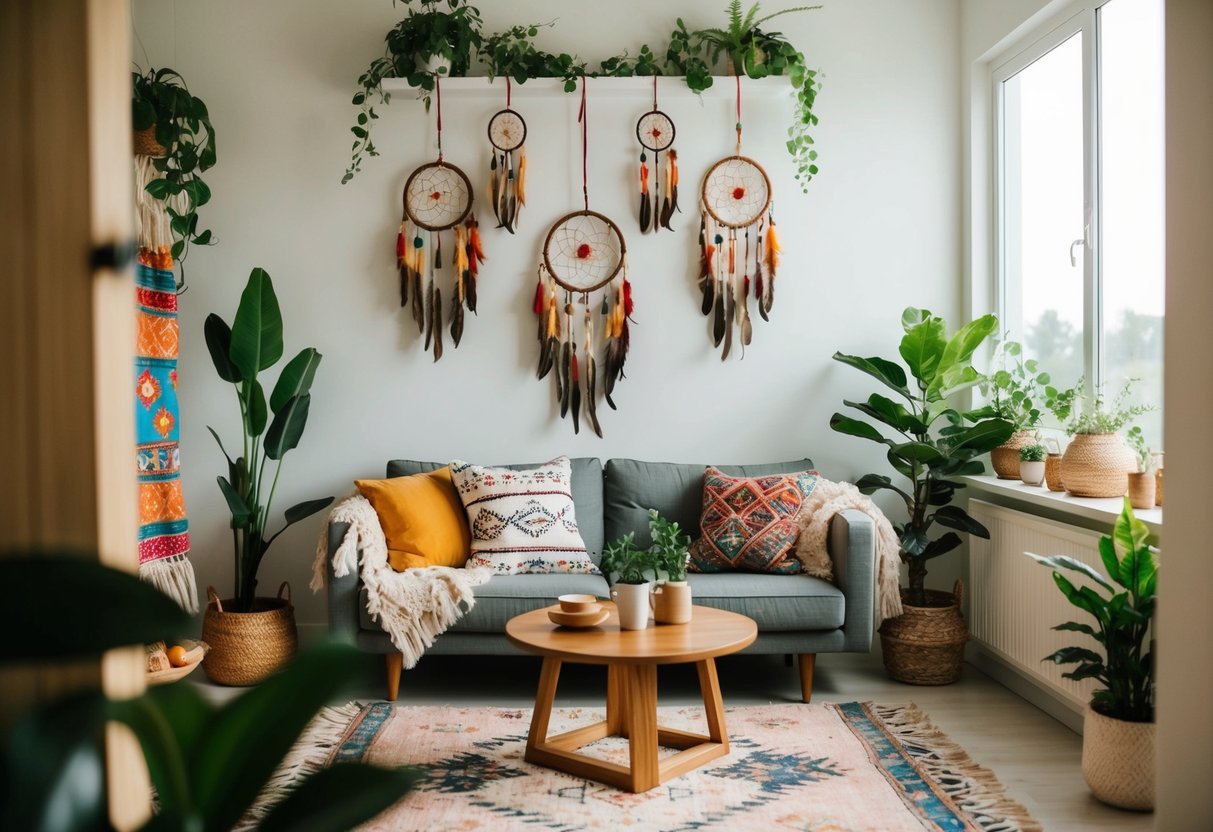 A cozy boho living room with decorative dreamcatchers hanging from the ceiling, surrounded by plants and colorful, patterned textiles