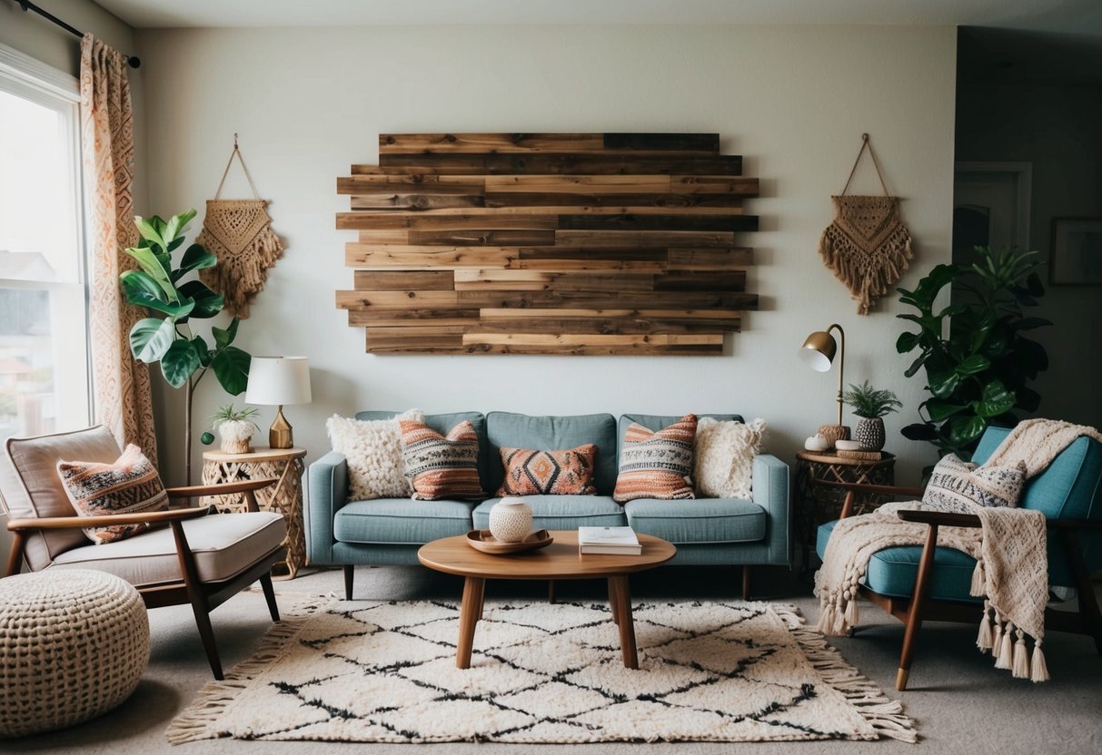 A cozy boho living room with a wooden wall art piece as the focal point, surrounded by eclectic furniture and cozy textiles