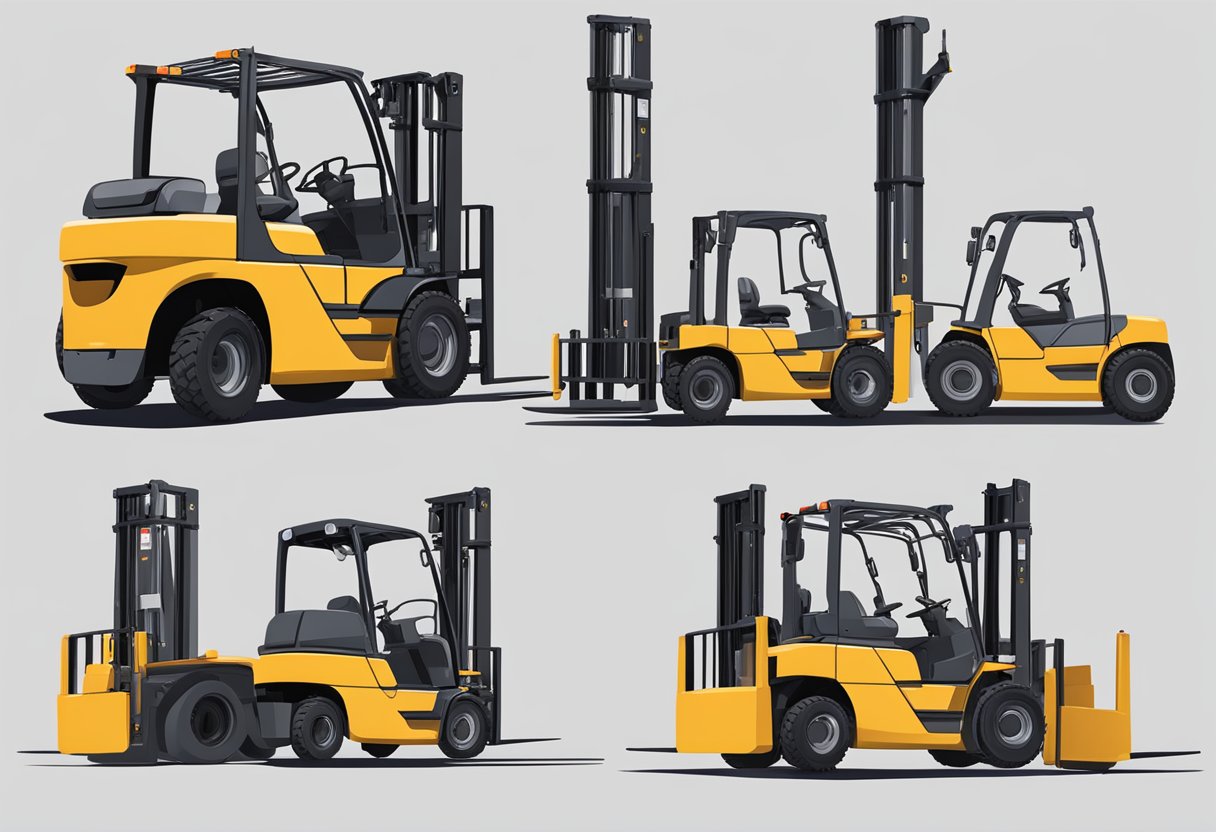 A hydraulic cylinder attached to a forklift, extending and tilting to adjust the position of the forks