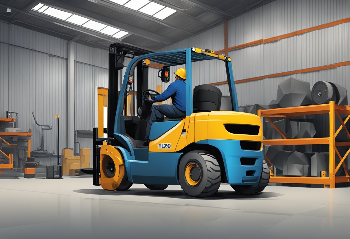 A mechanic inspecting and lubricating the al-10388 fork/tilt cylinder on a forklift in a well-lit maintenance garage