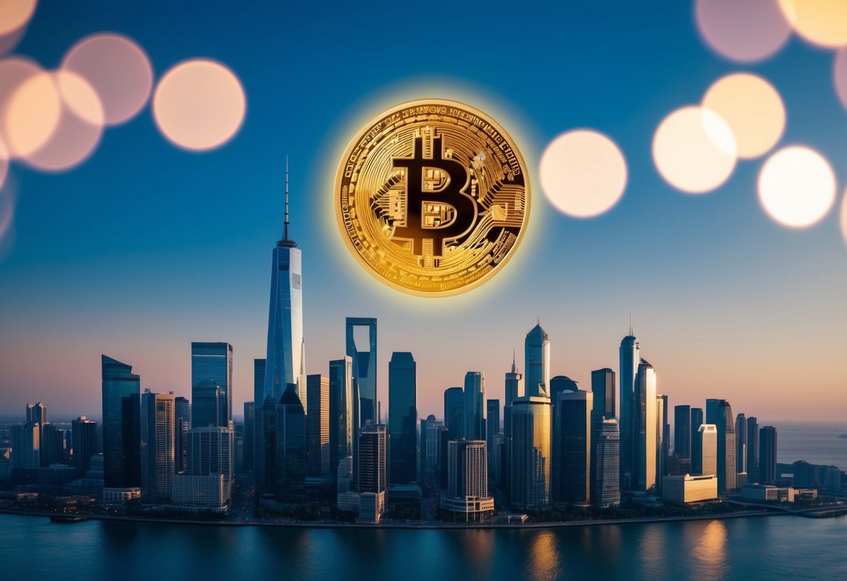 A futuristic city skyline with a glowing Mila Solana Crypto Coin hovering above the skyscrapers