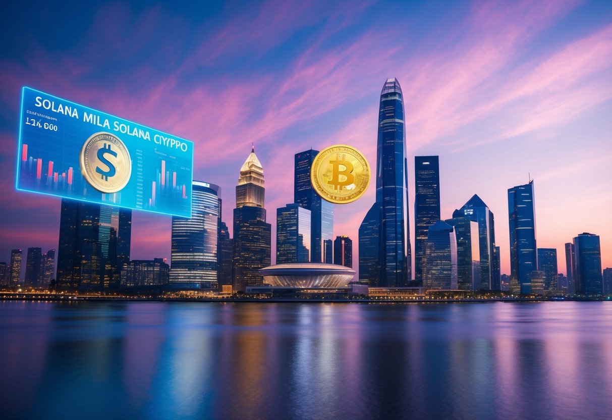 A futuristic city skyline with digital screens displaying the Solana Mila Solana Crypto Coin logo and fluctuating price charts