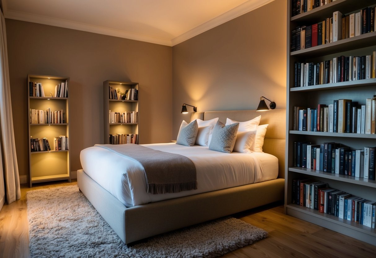 A cozy bedroom with a large, comfortable bed, soft lighting, and a warm color scheme. A bookshelf filled with books and a plush rug complete the relaxing atmosphere