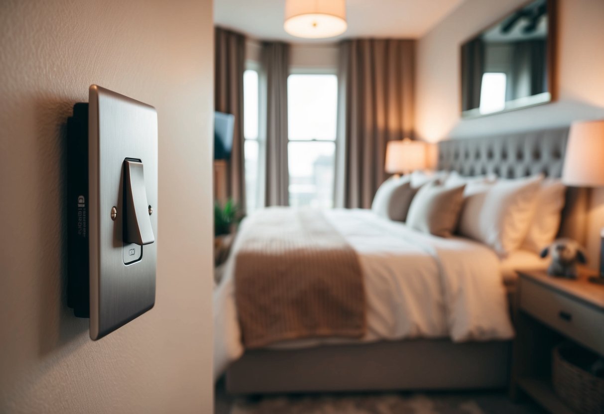 Soft light from dimmer switch illuminates cozy bedroom with plush bedding, warm tones, and calming decor