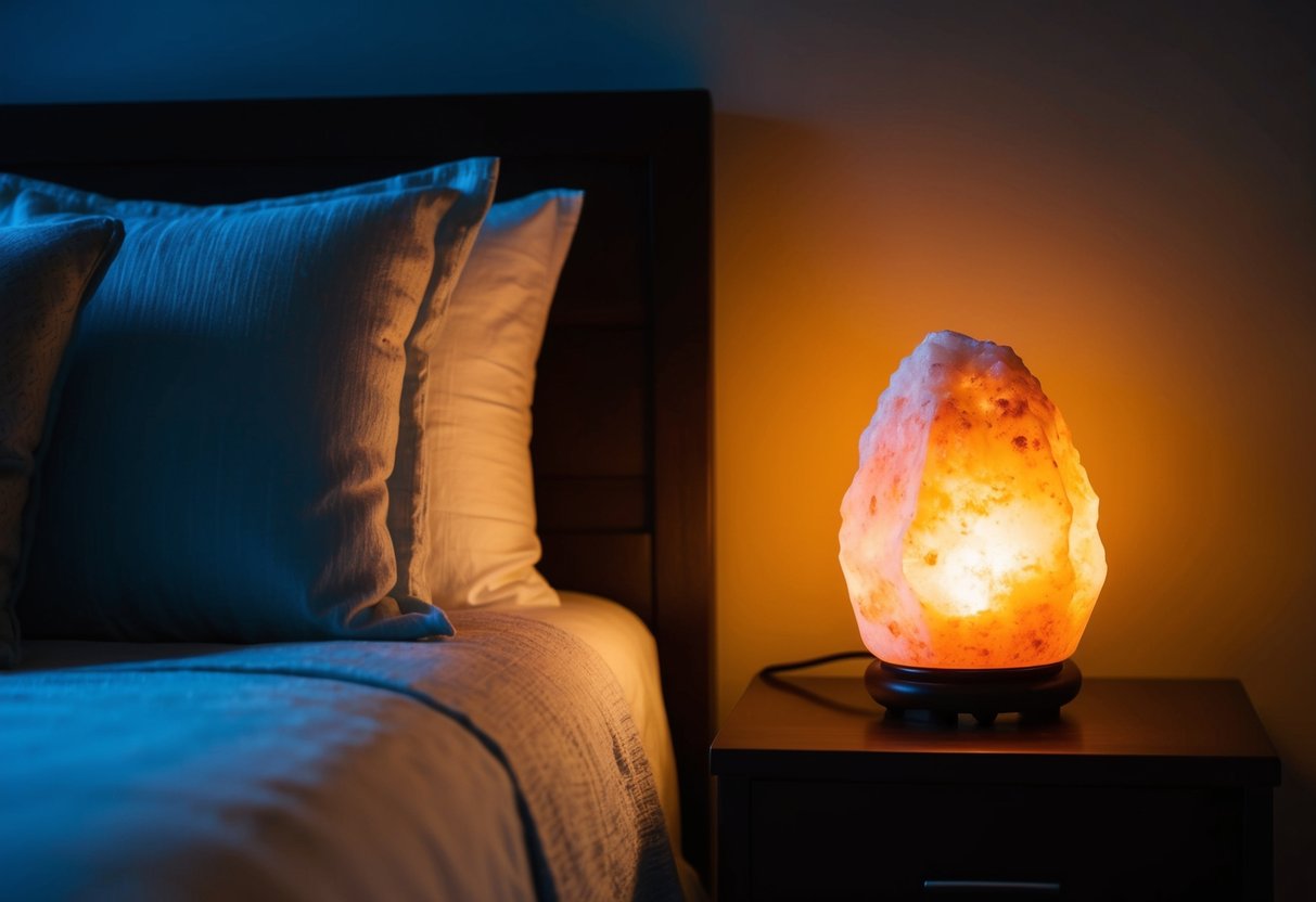 A dimly lit bedroom with a Himalayan salt lamp casting a warm, soothing glow on a nightstand