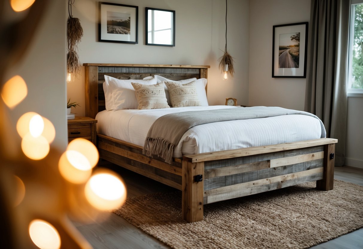 A cozy bedroom with a reclaimed wood bed frame, soft lighting, and natural decor