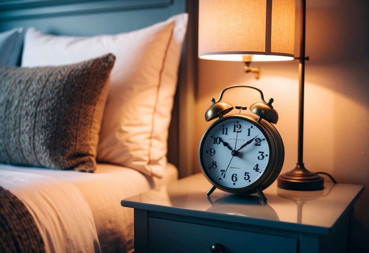 A vintage alarm clock sits on a nightstand in a cozy bedroom with warm lighting and soft, inviting decor