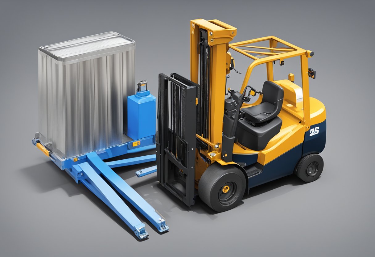 A close-up view of a hydraulic forklift tilt cylinder with purchasing options displayed nearby