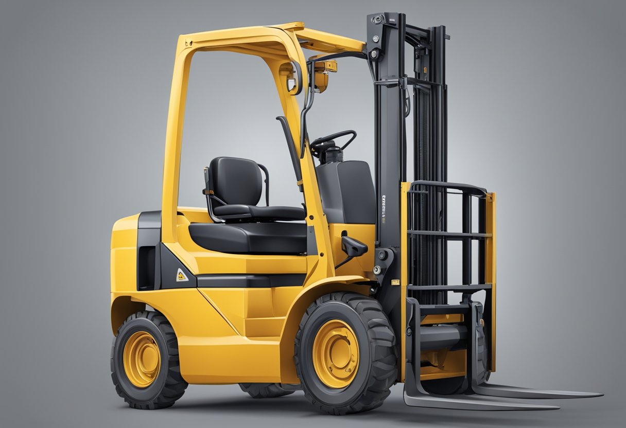 A forklift with a raised fork, showing the tilt cylinder mechanism