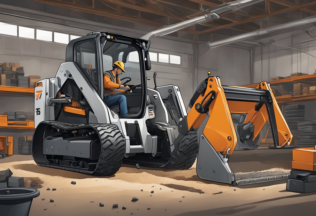 A mechanic replacing parts on a t300 bobcat skid steer in a well-lit workshop