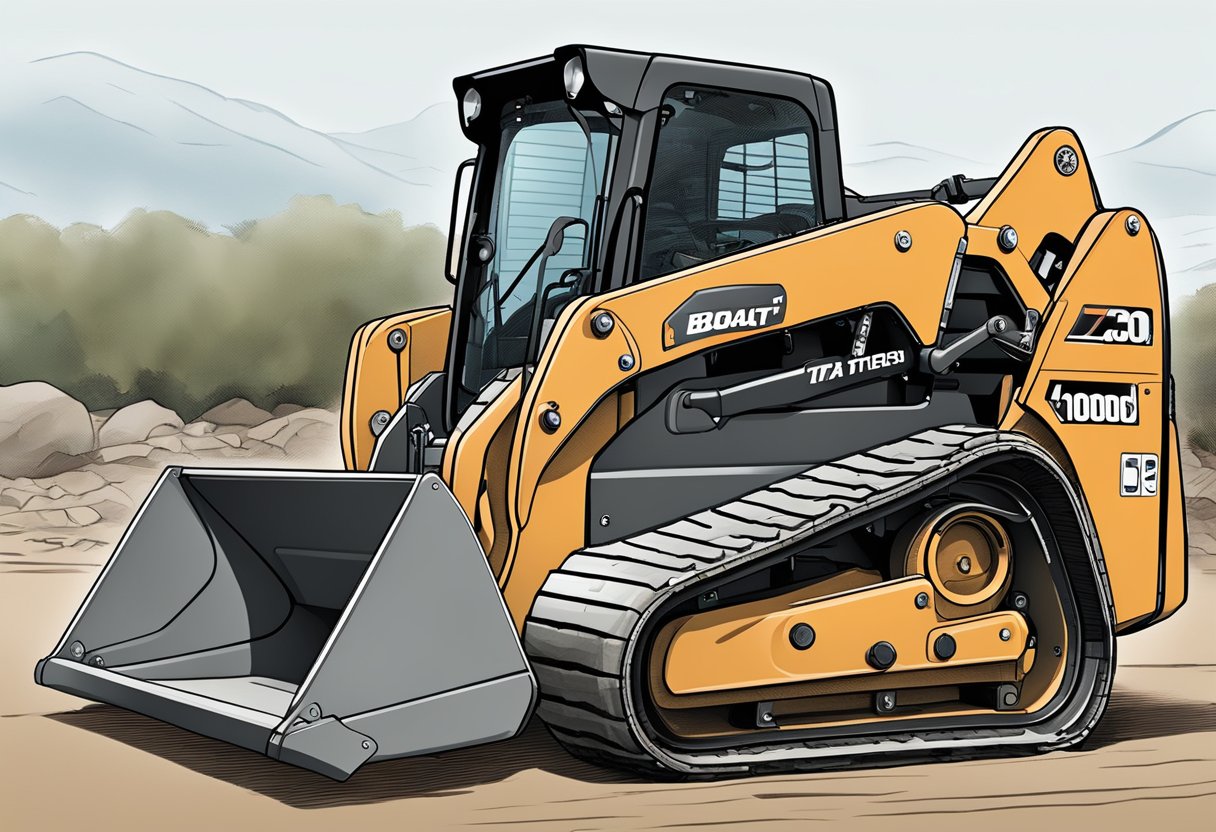 A Bobcat T300 skid steer with exposed technical parts for maintenance