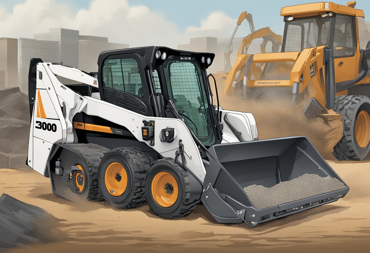 A t300 Bobcat skid steer surrounded by various attachments and accessories