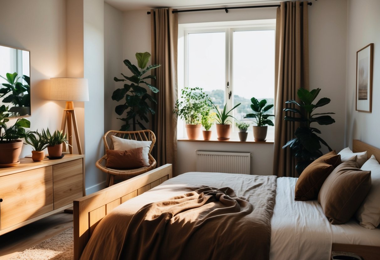 A cozy bedroom with natural wood furniture, earth-toned bedding, and potted plants scattered throughout. Sunlight streams through the window, casting a warm glow on the room