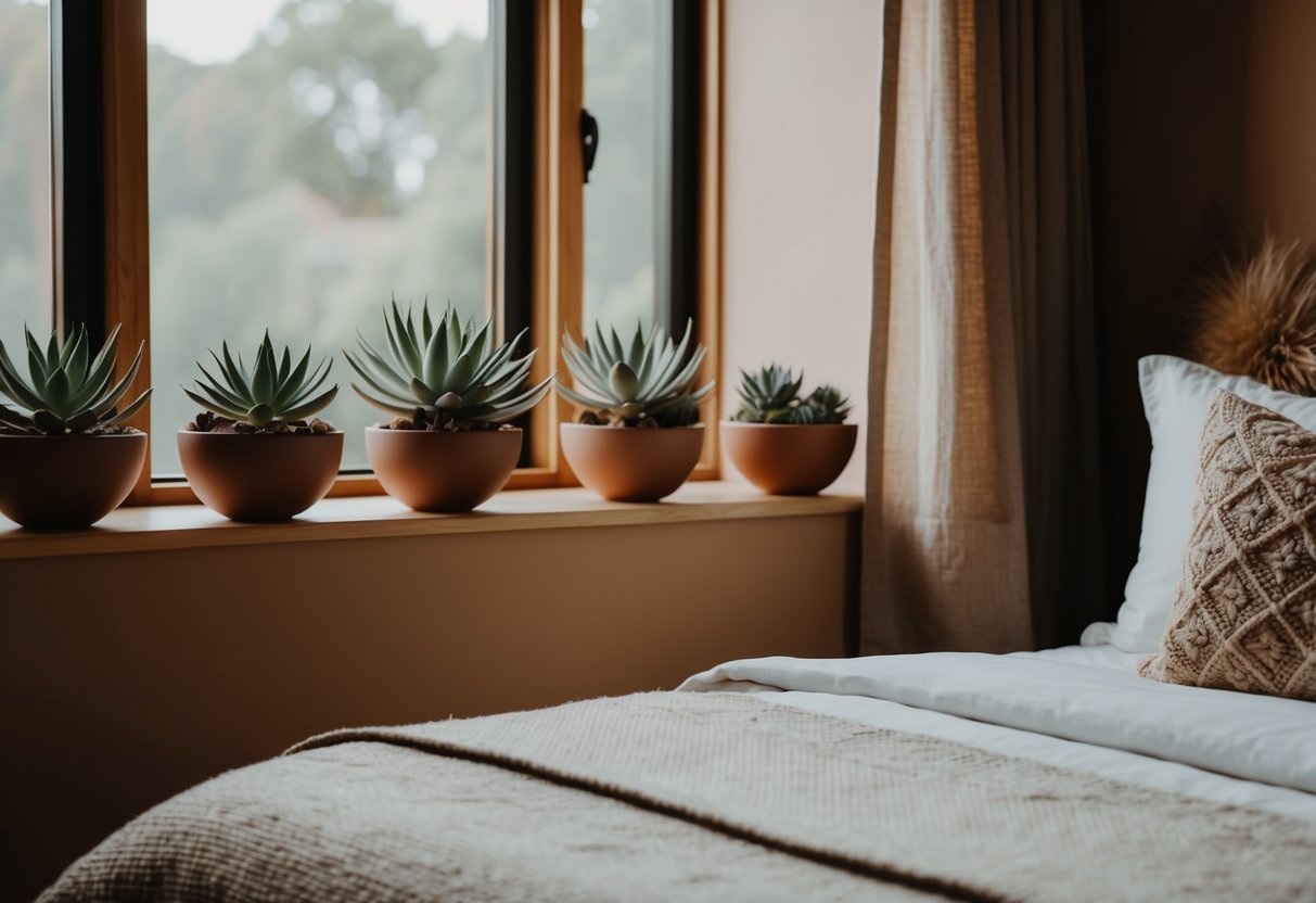 A cozy bedroom with earthy tones, featuring succulent planters on the windowsill and scattered throughout the room