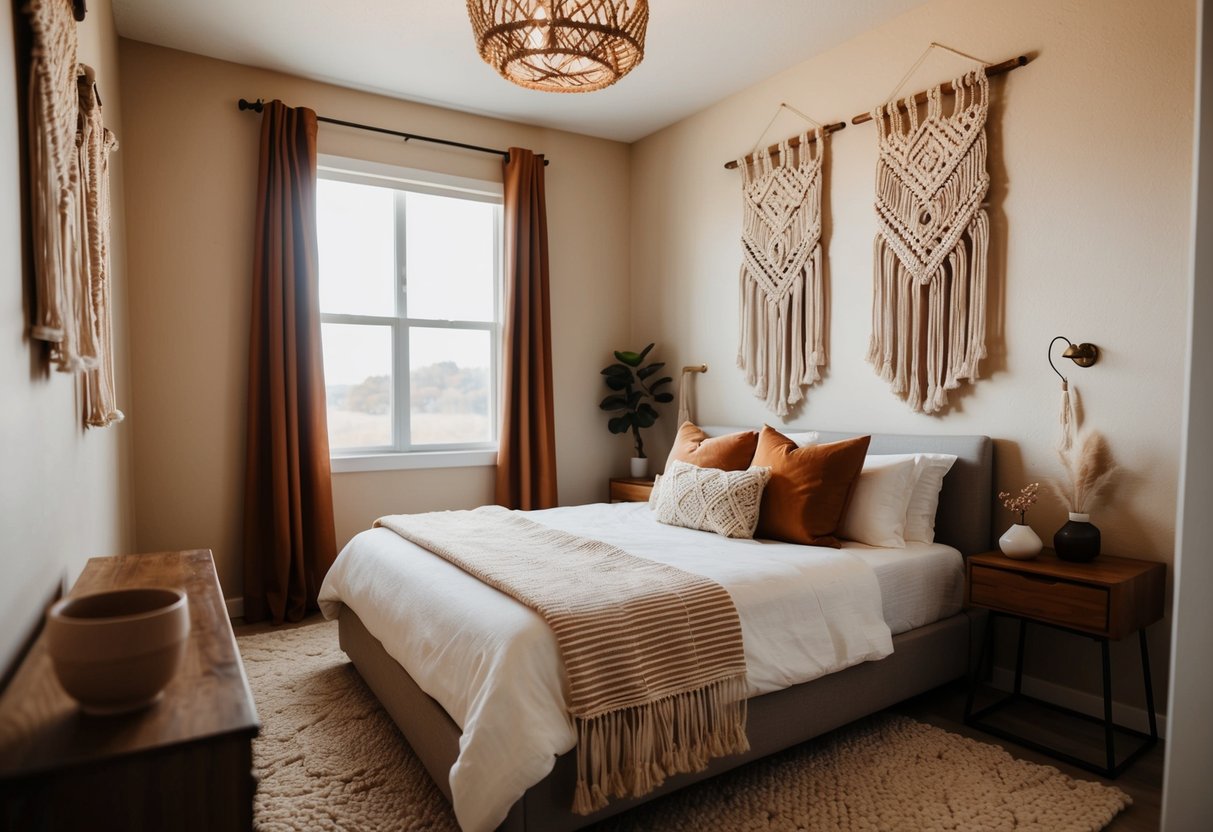 A cozy bedroom with earthy tones and macrame wall hangings