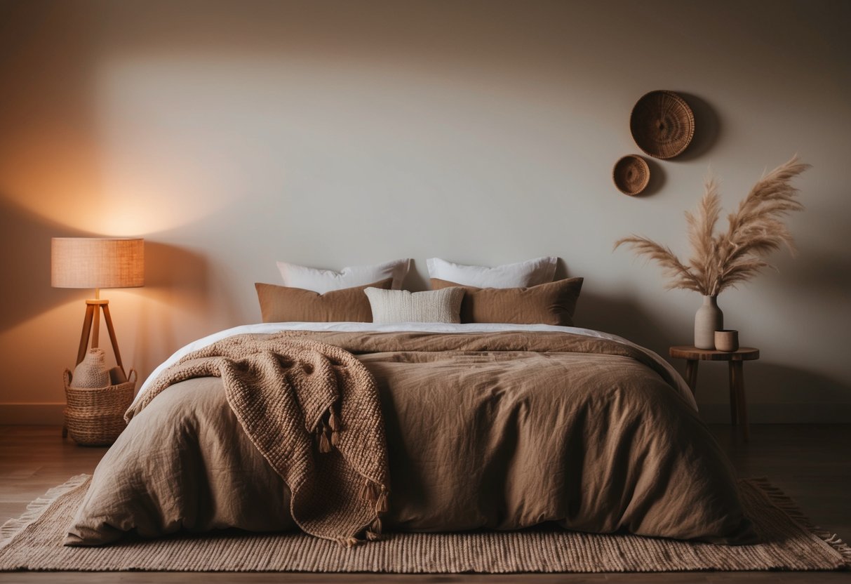 A cozy bedroom with earthy tones, featuring a bed with linen duvet covers, warm lighting, and natural decor accents