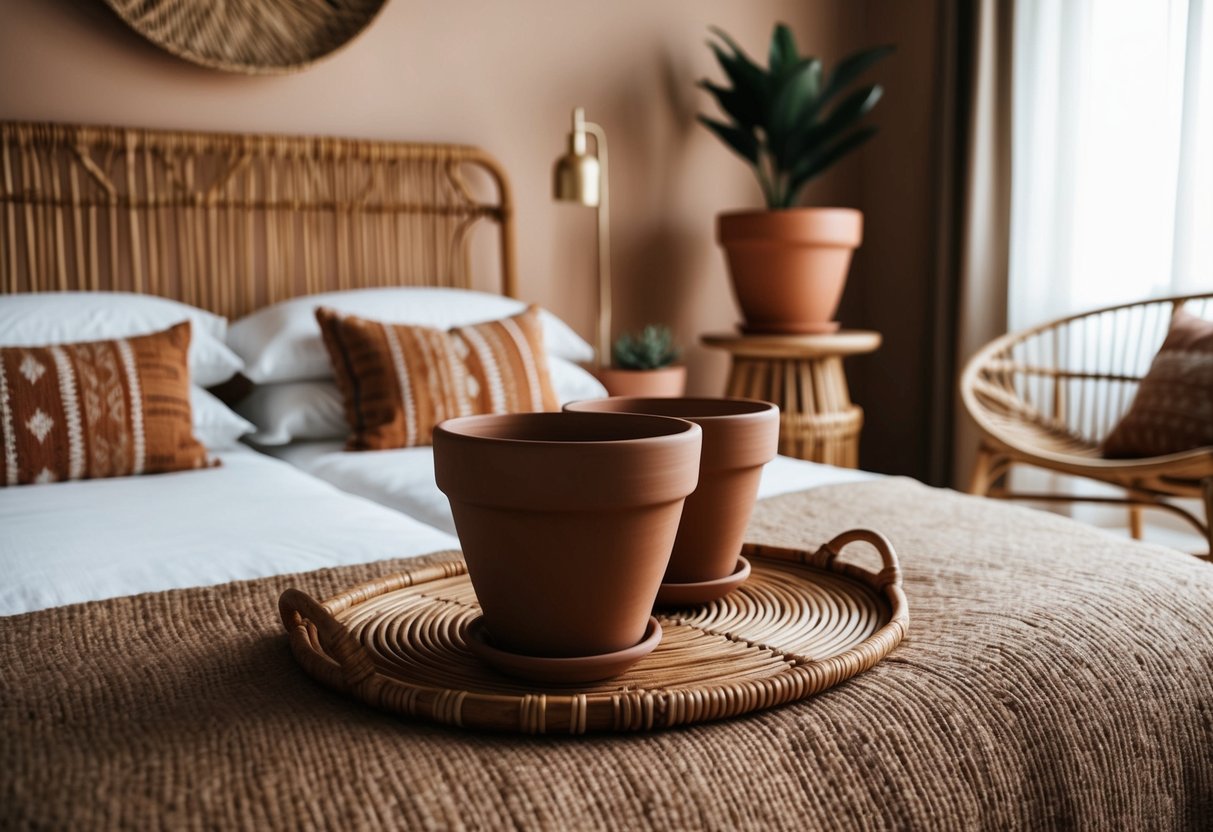 A cozy bedroom with terracotta pots as decor, warm earthy tones, and natural materials like wood and rattan furniture