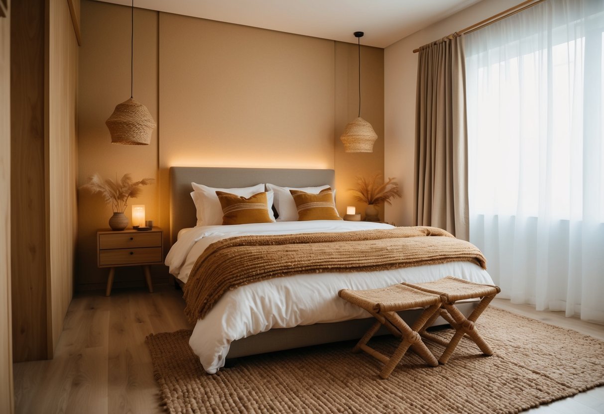 A cozy bedroom with a jute rug, warm earthy tones, natural materials, and soft lighting