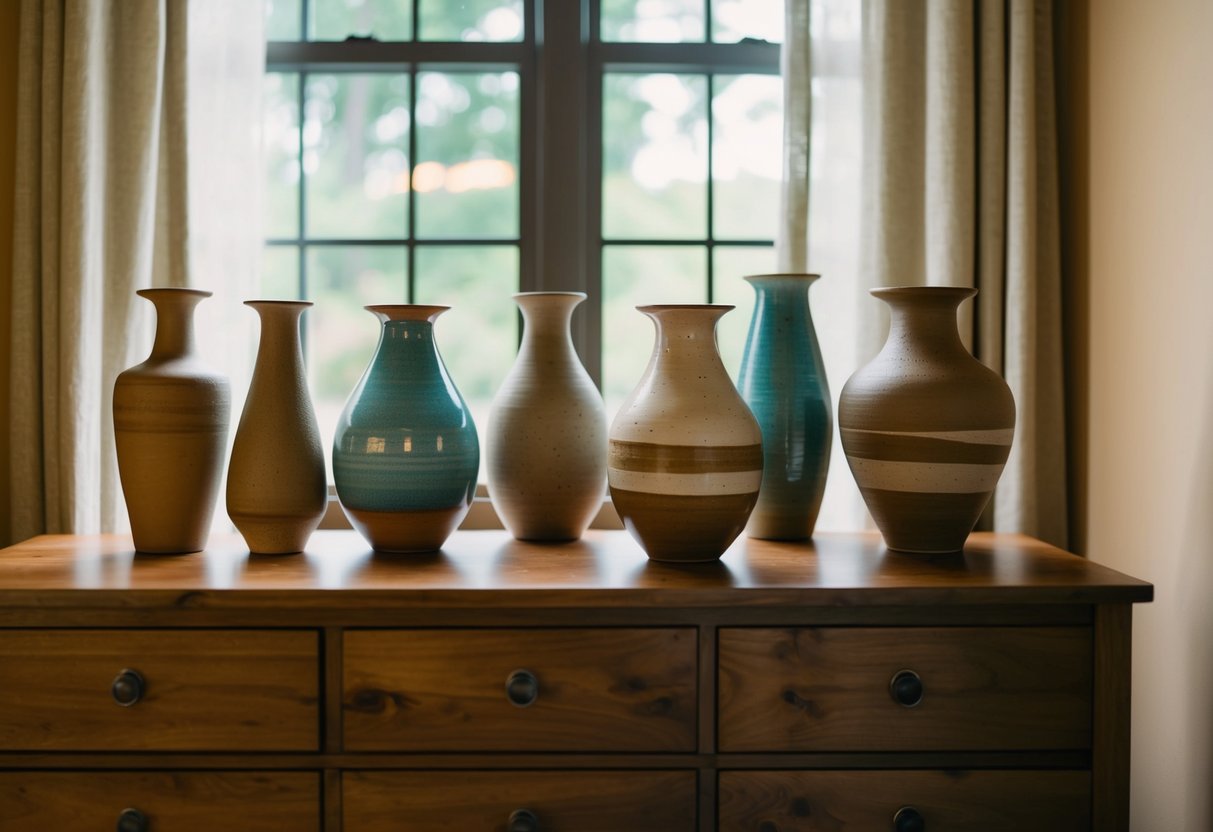 A collection of handmade ceramic vases sits on a wooden dresser in a cozy, earth-toned bedroom with natural light streaming in through the window