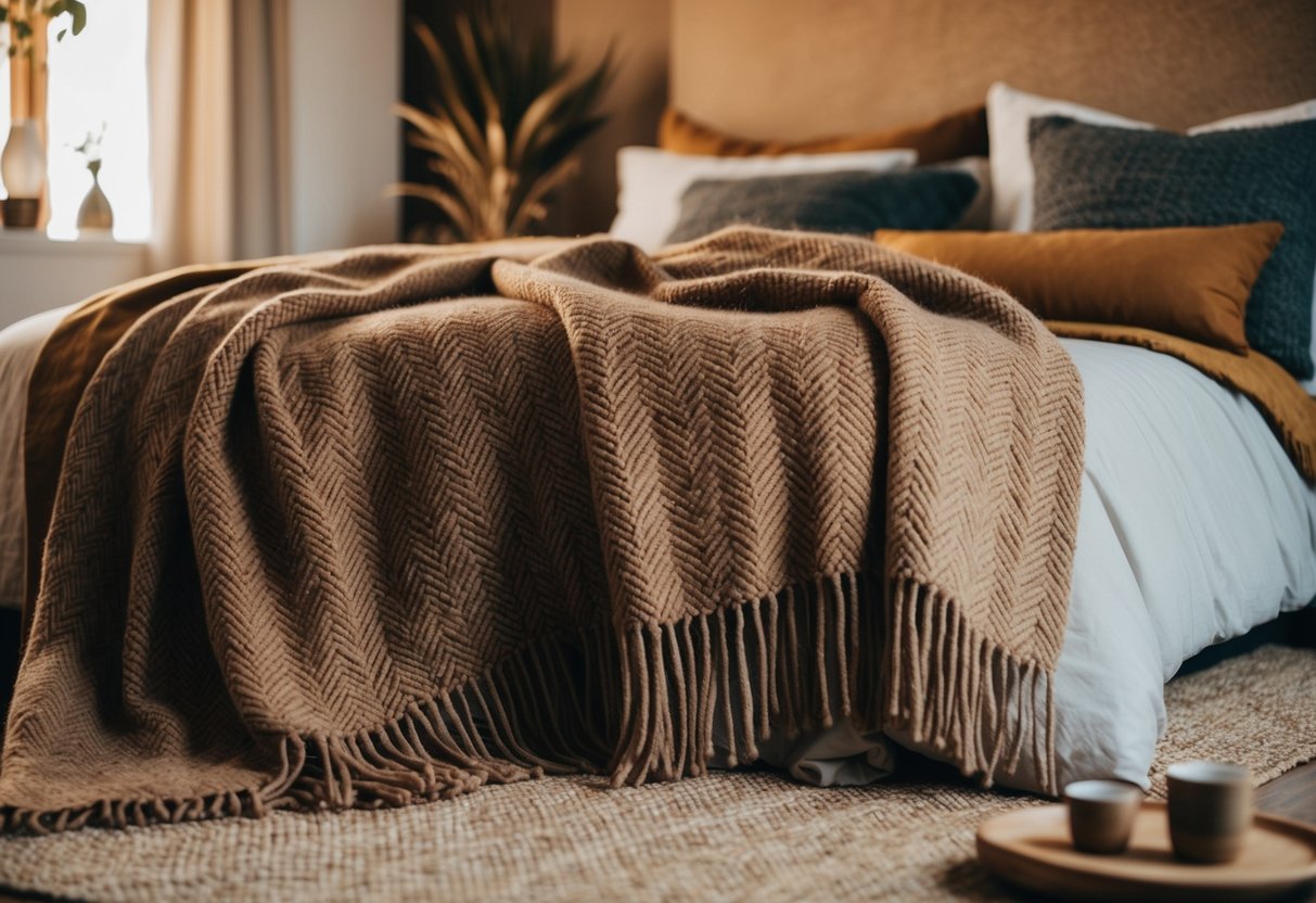 A cozy bedroom with a wool throw blanket draped over a bed, surrounded by earthy tones and natural textures