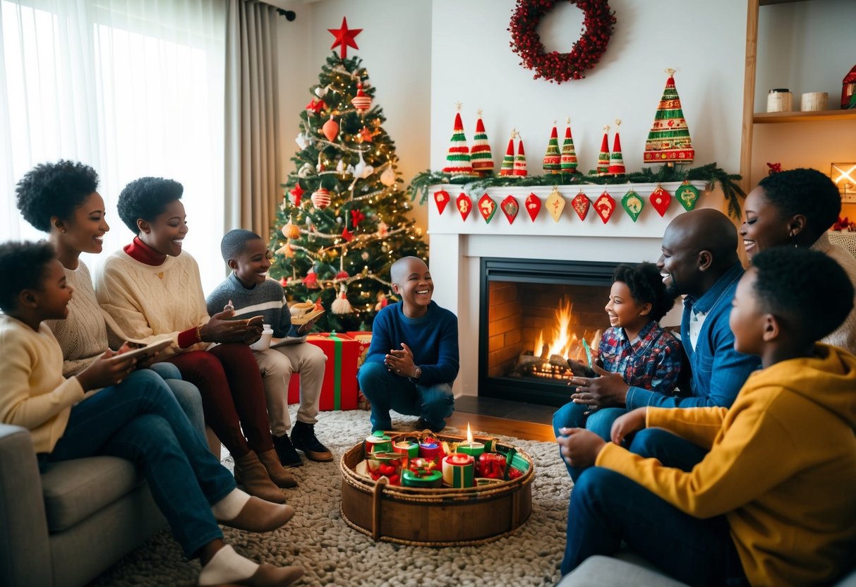 A family gathers around a cozy fireplace, sharing stories and laughter while celebrating Kwanzaa with traditional decorations and symbolic items displayed around the room