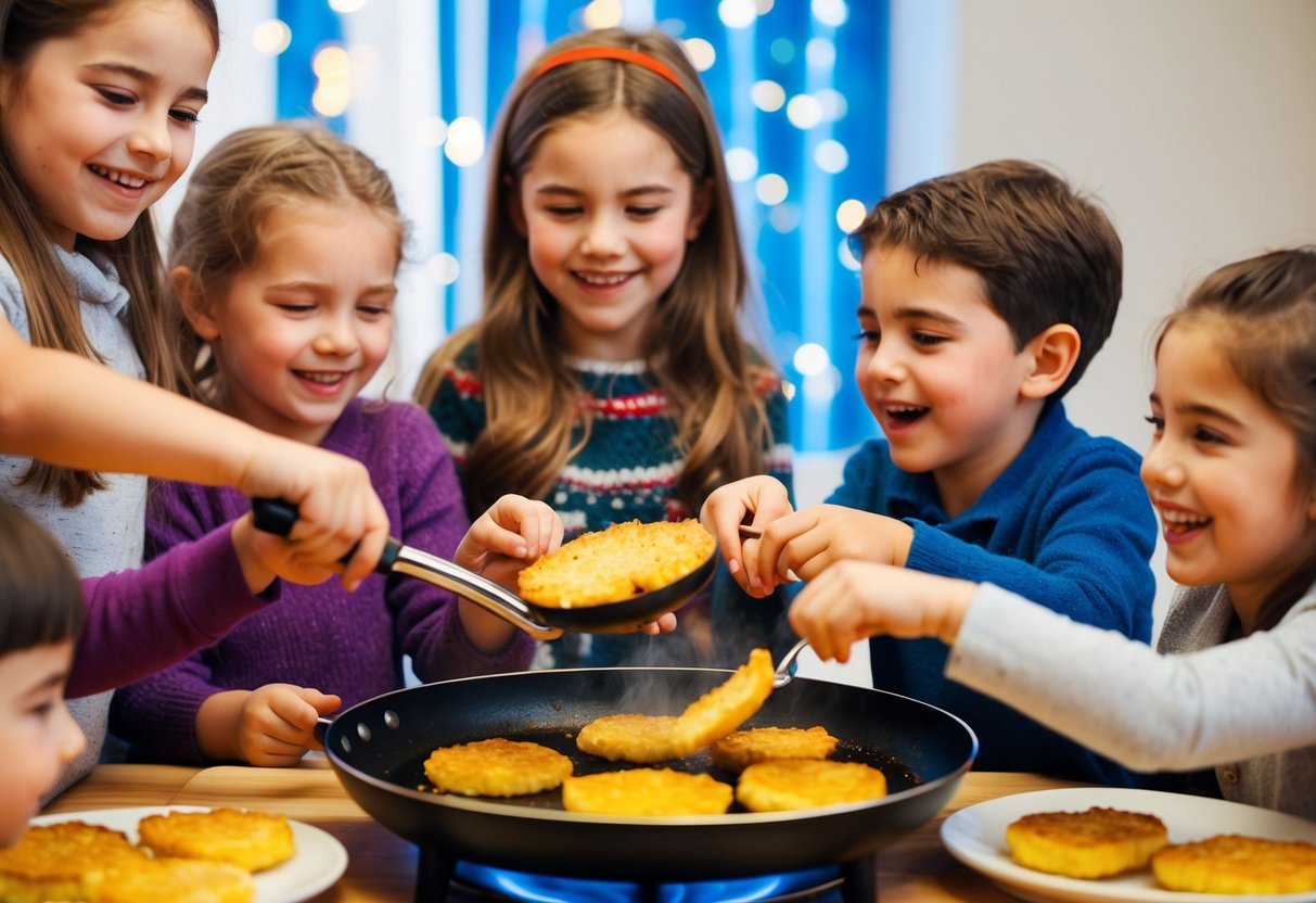 Children gathered around a sizzling frying pan, flipping golden latkes as they celebrate Hanukkah with joy and laughter