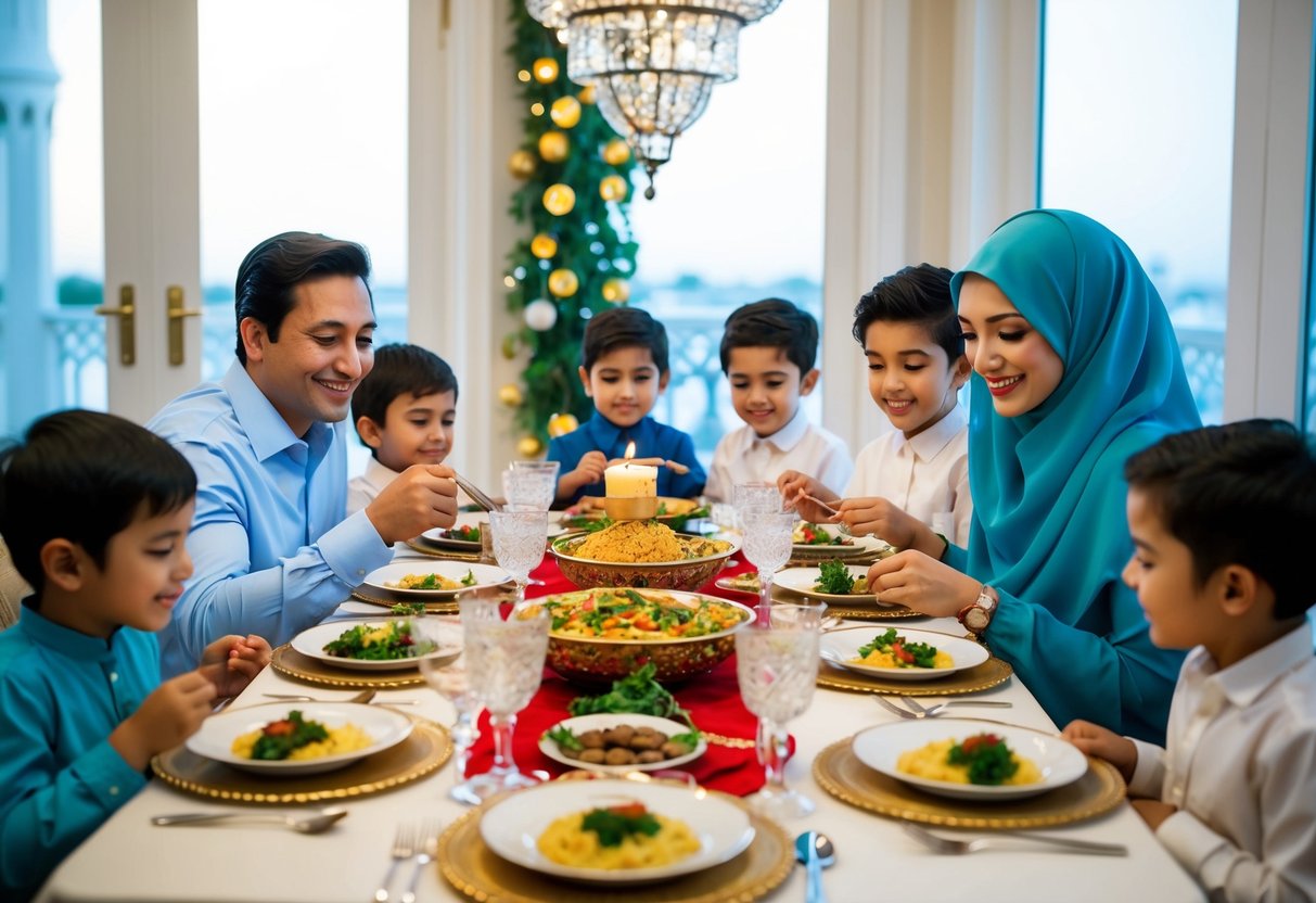 A family sitting together at a beautifully decorated table, enjoying a meal as they celebrate Ramadan with children