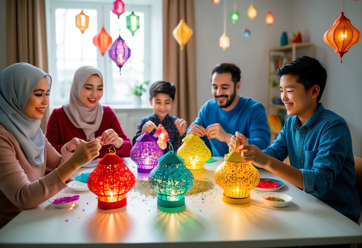 A family sits around a table, crafting colorful Ramadan lanterns with paper, glue, and glitter. The room is filled with excitement and anticipation for the upcoming celebrations