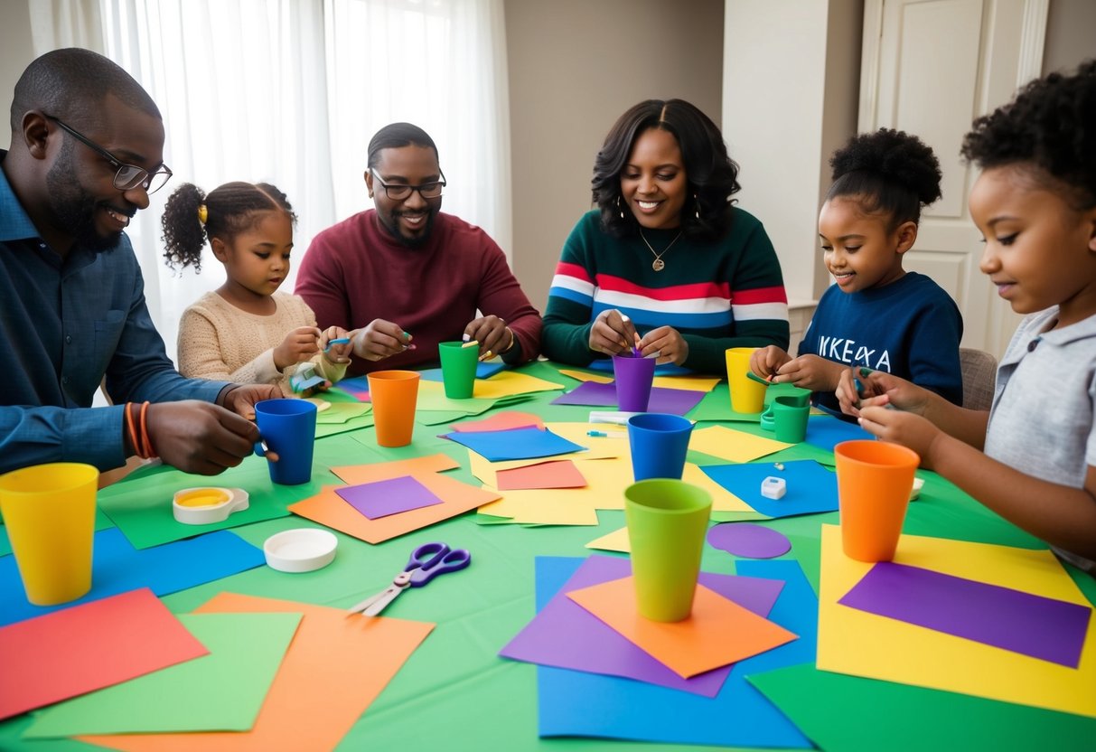 A family sits around a table covered in colorful construction paper, glue, and scissors. They are creating homemade Kwanzaa decorations such as unity cups, mkeka mats, and kinara candle holders