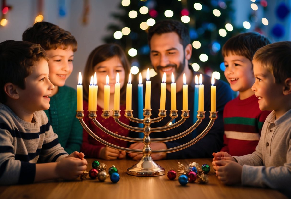 A family gathers around a lit menorah, with children watching in awe as the candles flicker and glow, surrounded by festive decorations and joyful celebration