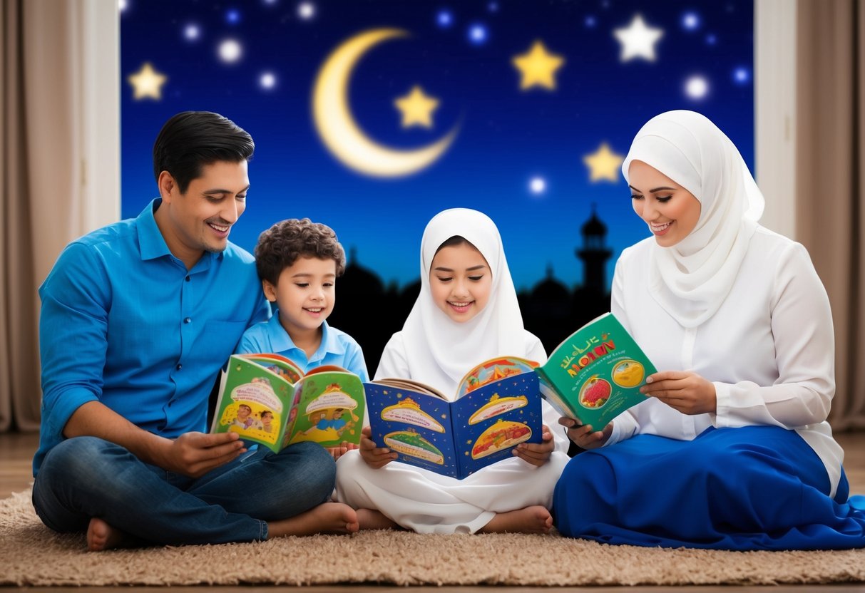 A family sitting together, reading Ramadan stories with colorful illustrations, while a crescent moon and stars shine in the night sky outside