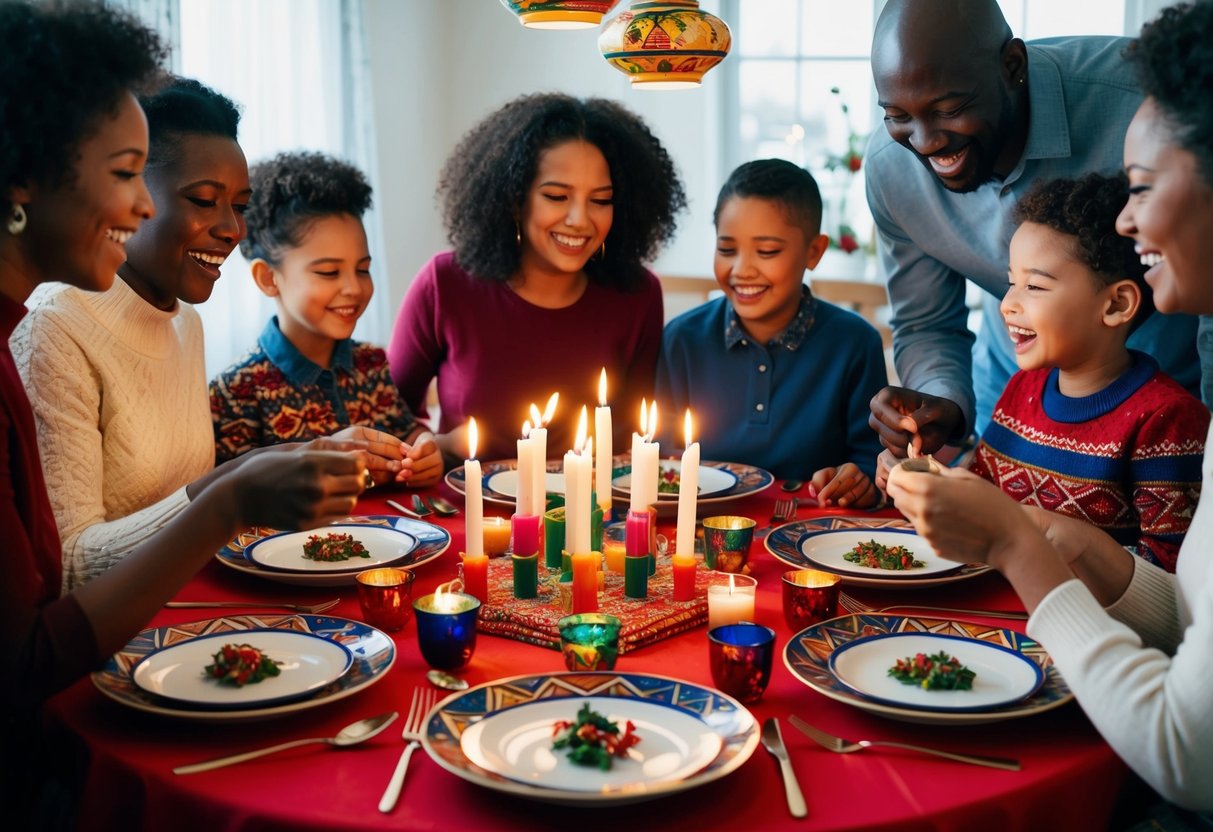 A family gathers around a table filled with traditional Kwanzaa dishes, candles, and colorful decorations. They are laughing and sharing a meal together, celebrating their heritage and unity