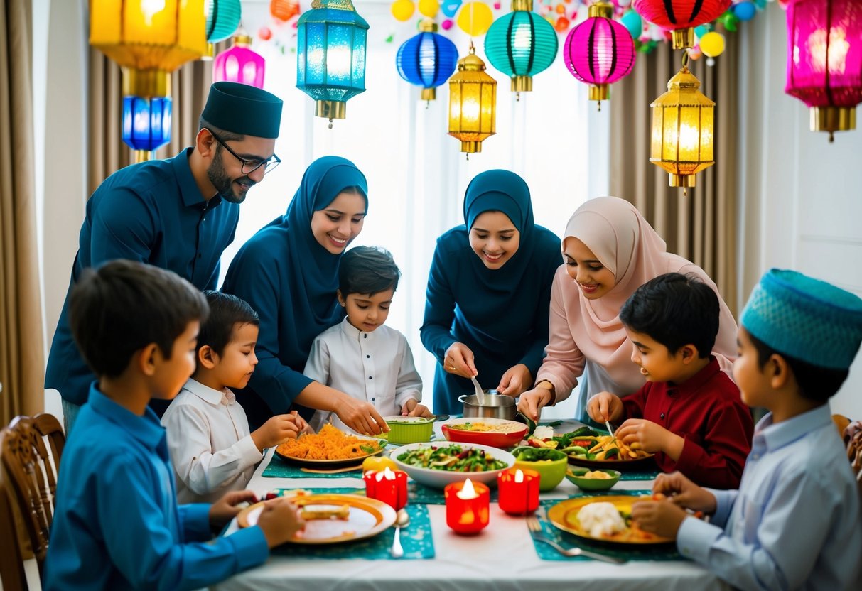 A family gathering around a table, preparing traditional Ramadan recipes with children. Decorated with colorful lanterns and festive decorations