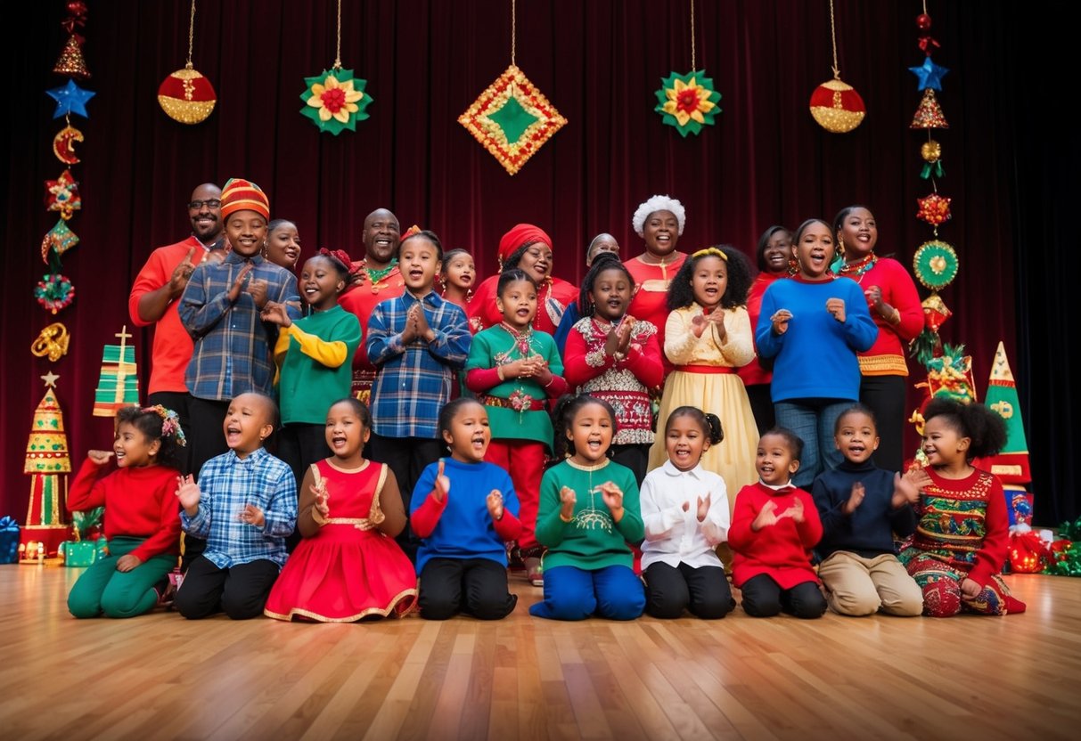 A family talent show at Kwanzaa: children and adults showcasing their skills in singing, dancing, storytelling, and more, surrounded by traditional Kwanzaa decorations and symbols