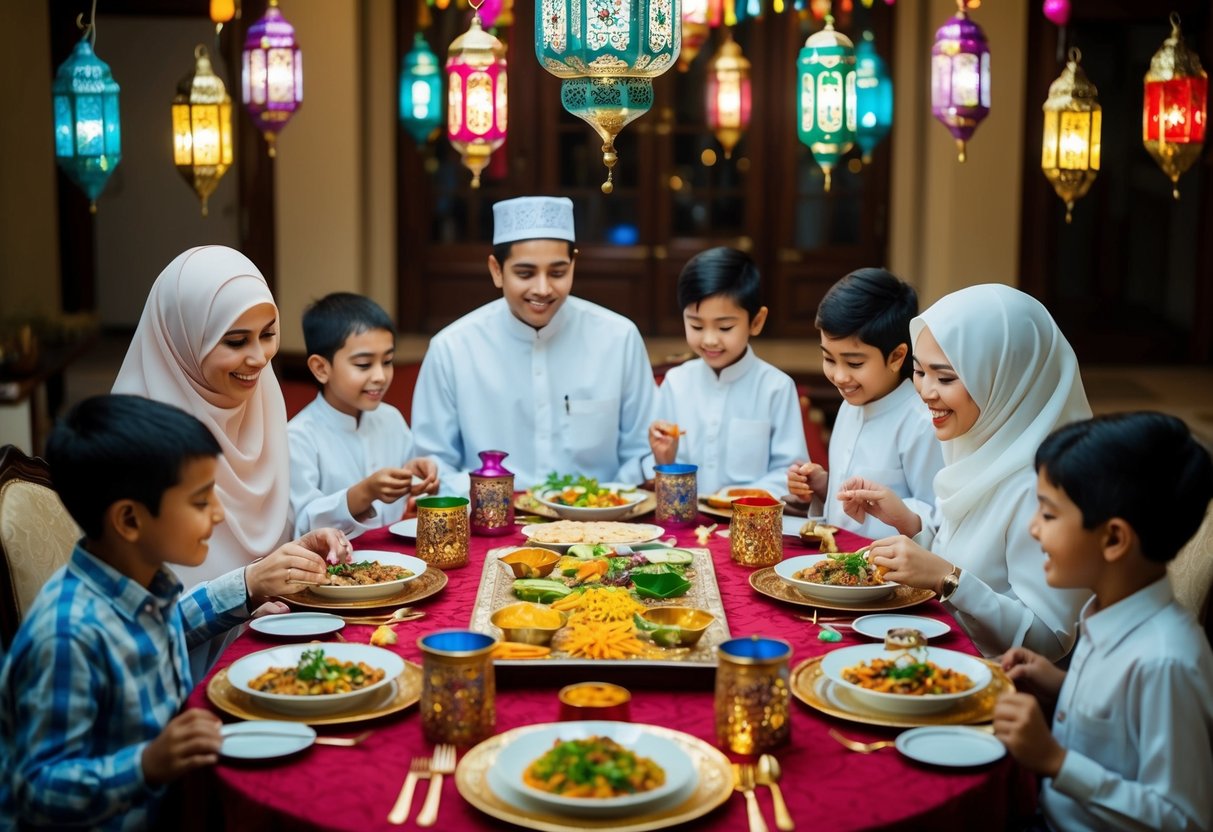 A family gathering around a beautifully decorated table with traditional Ramadan dishes, colorful lanterns, and children participating in activities