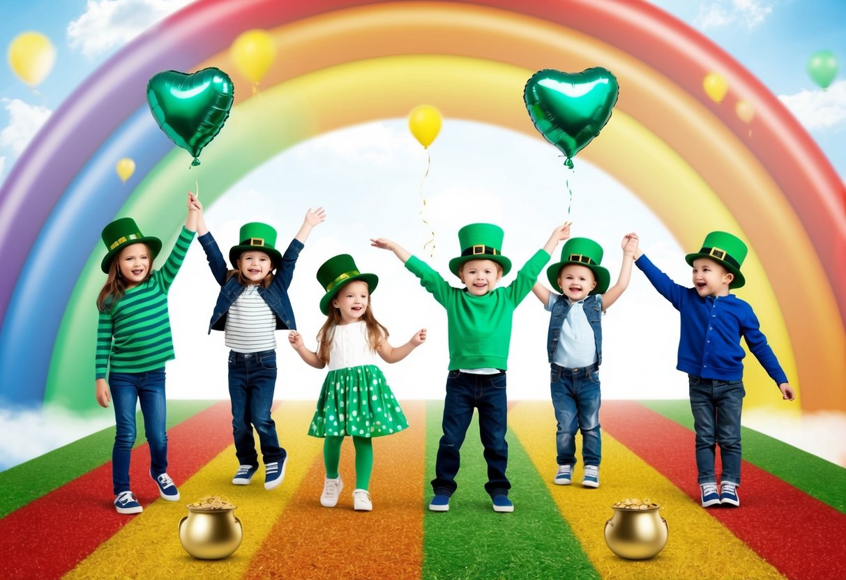 Children dancing around a colorful rainbow with pots of gold at the end, while wearing green hats and holding shamrock-shaped balloons