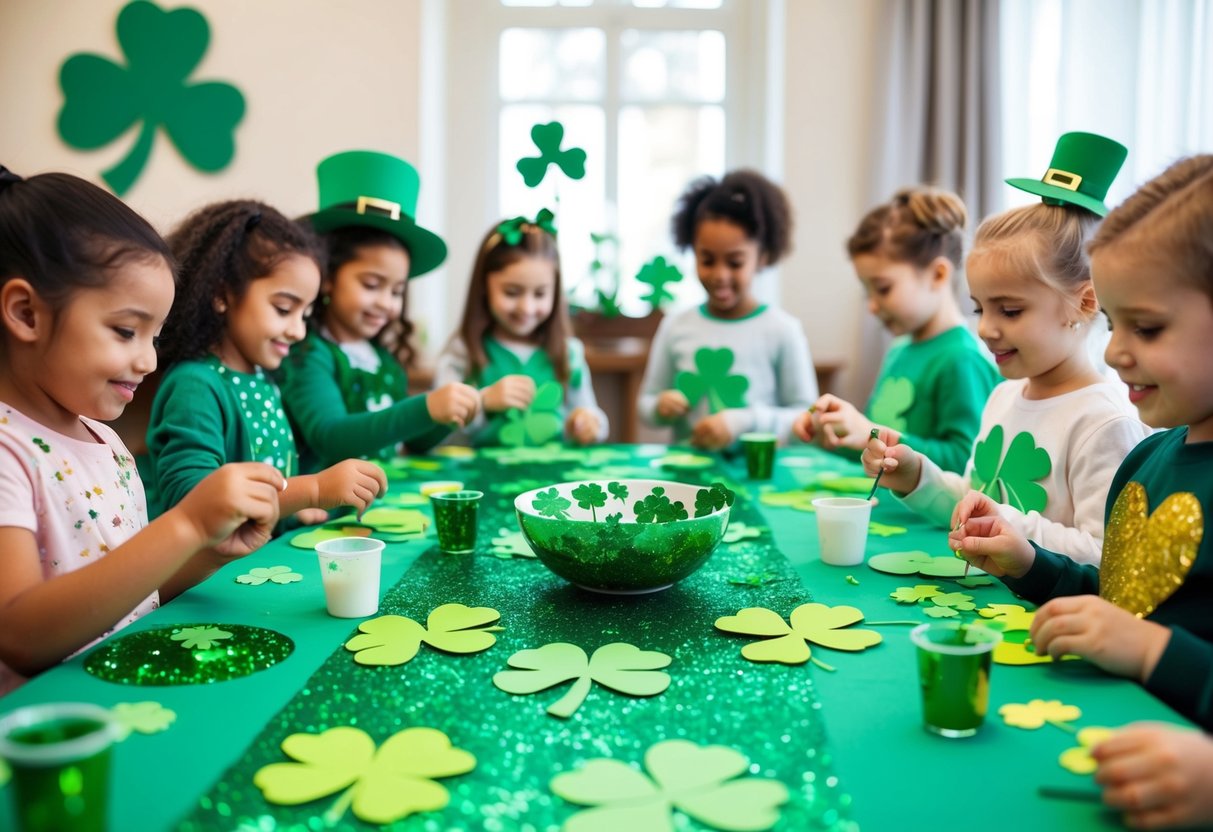 A table covered in green craft supplies, with shamrock cutouts, glitter, and paint. A group of children happily creating St. Patrick's Day crafts