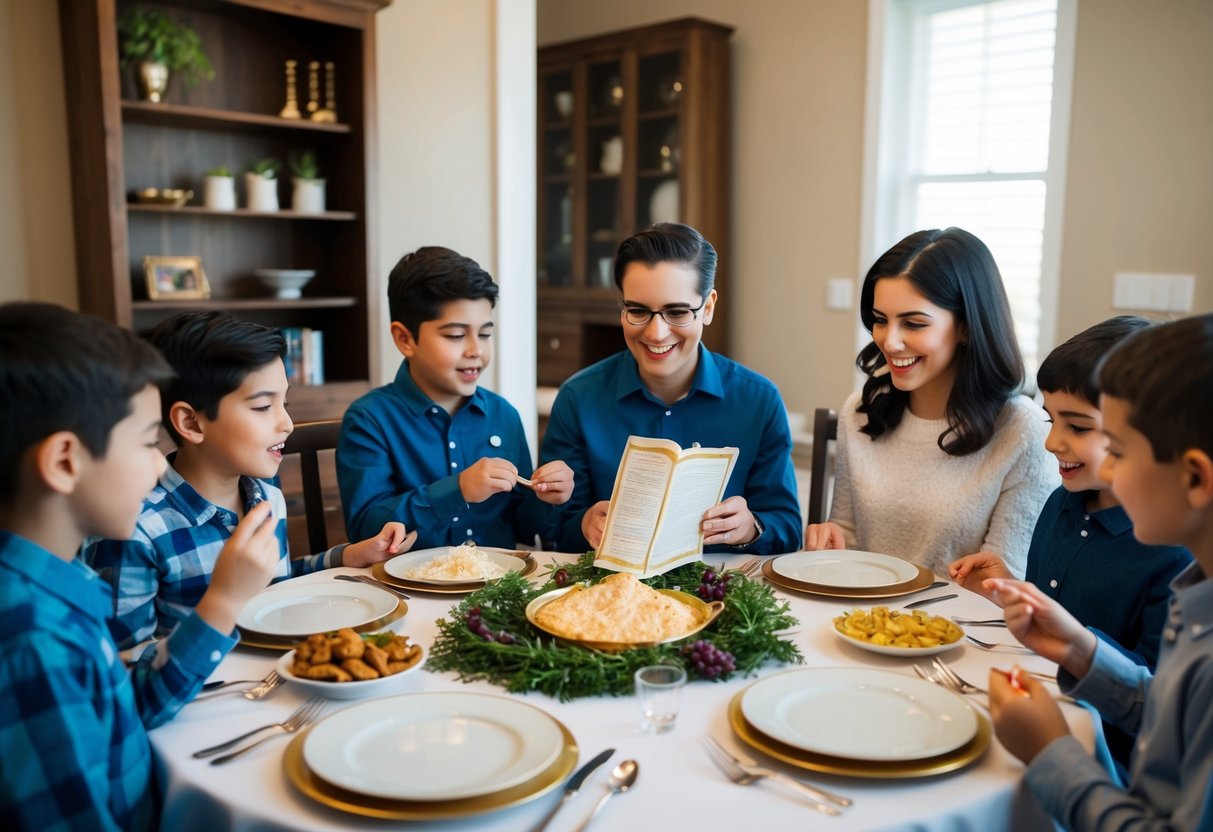 A family gathering around a Seder table, kids participating in the reading of the Haggadah, asking questions, and enjoying traditional Passover foods