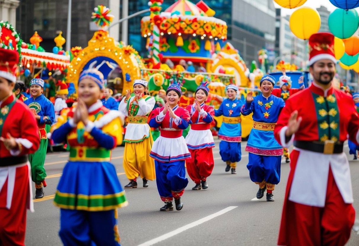 A festive parade with colorful floats, traditional costumes, and lively music, showcasing diverse cultural holiday celebrations from around the world