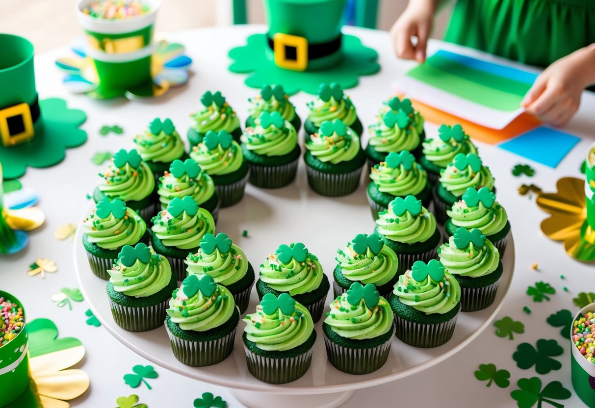 Green cupcakes arranged in a circle on a table with shamrock decorations and rainbow sprinkles, surrounded by children's festive St. Patrick's Day crafts