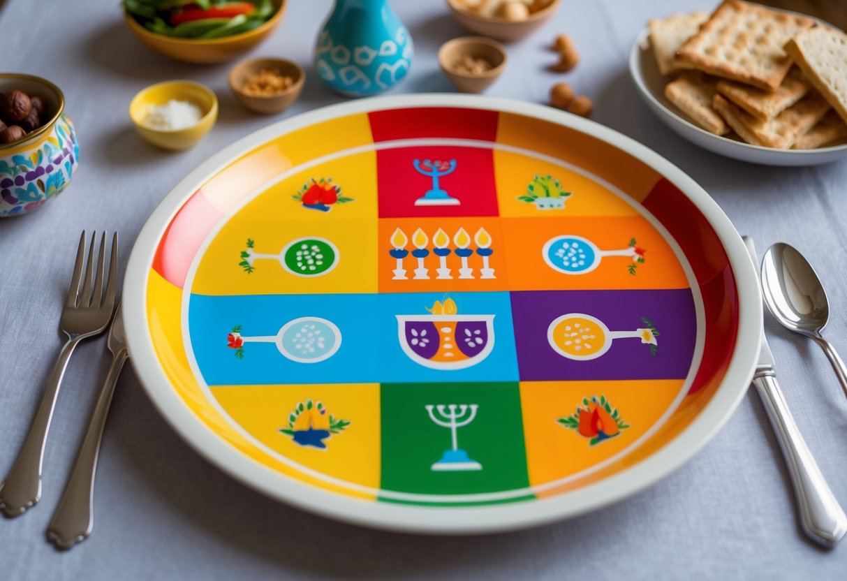 A colorful and playful Seder plate with child-friendly illustrations of the traditional Passover items arranged in a fun and inviting manner