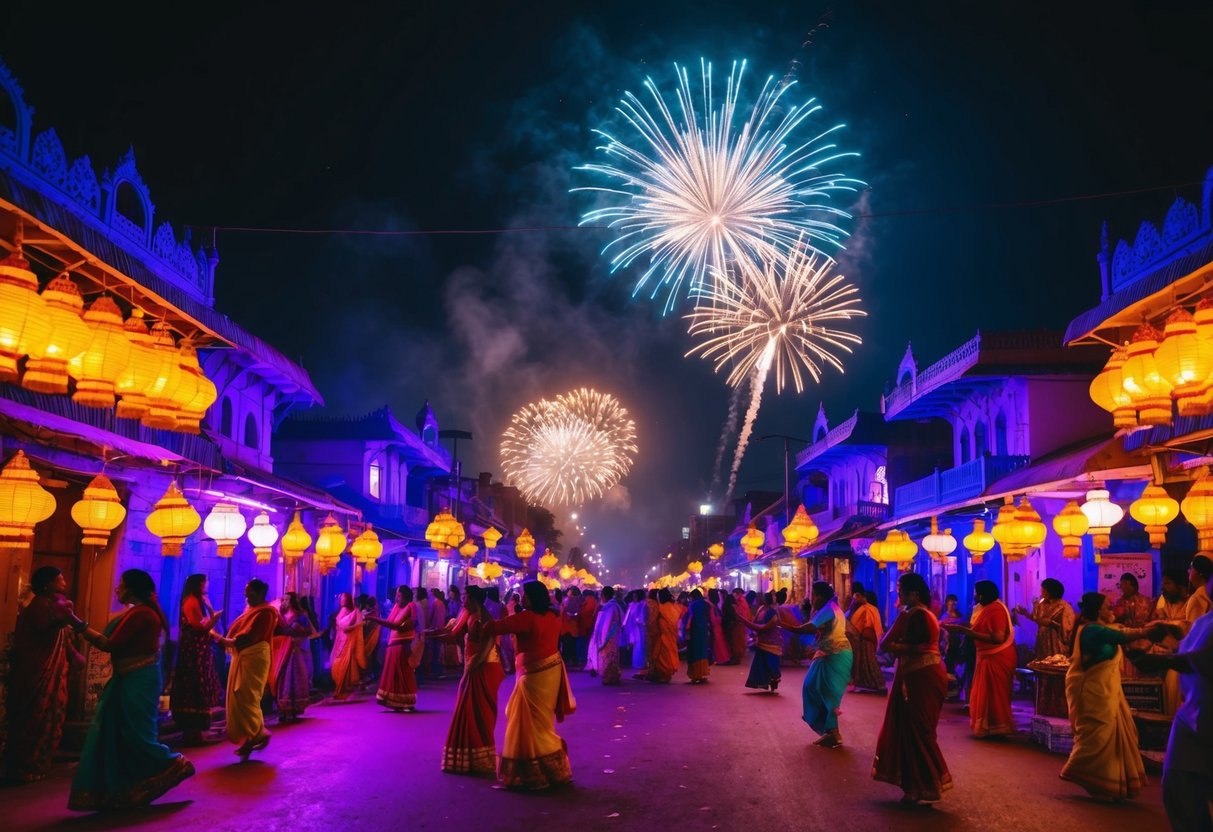 Colorful streets filled with glowing lanterns, fireworks lighting up the night sky, and people celebrating with music and dance during Diwali in India