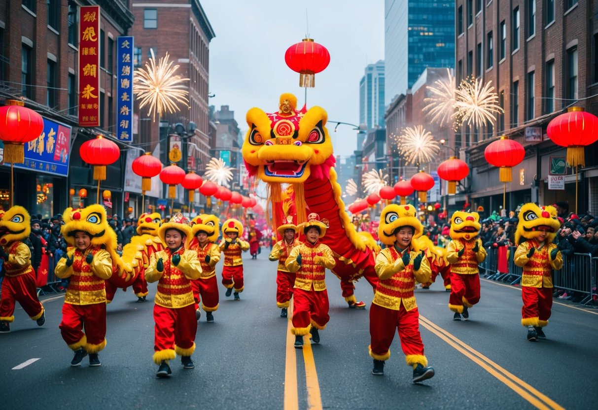 A colorful Chinese New Year parade fills the streets, with dragon and lion dancers, lanterns, and fireworks creating a festive atmosphere