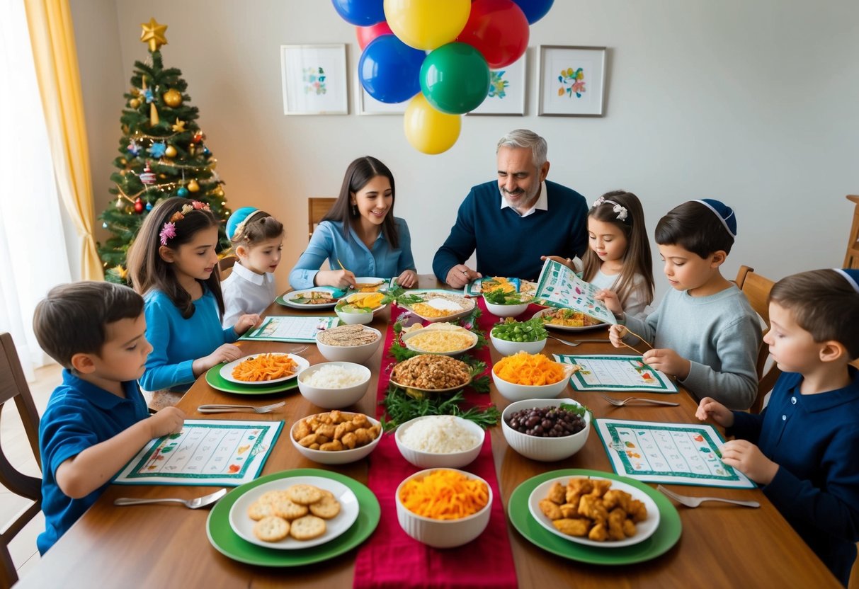 A family gathers around a table set with traditional Passover foods and colorful decorations. Children eagerly participate in the festive traditions, including coloring Passover-themed pages