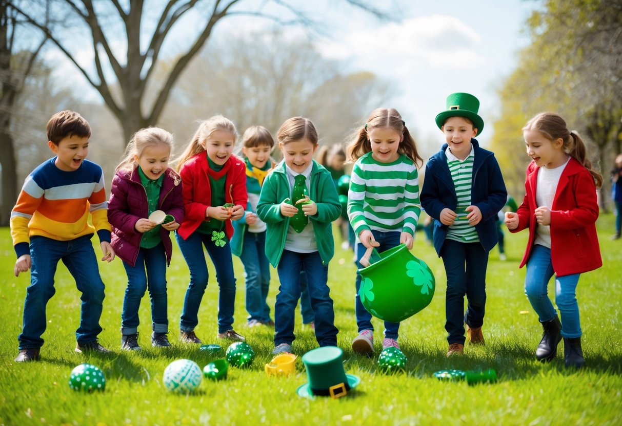 A group of children search for hidden items outdoors, following clues and celebrating St. Patrick's Day with excitement and teamwork