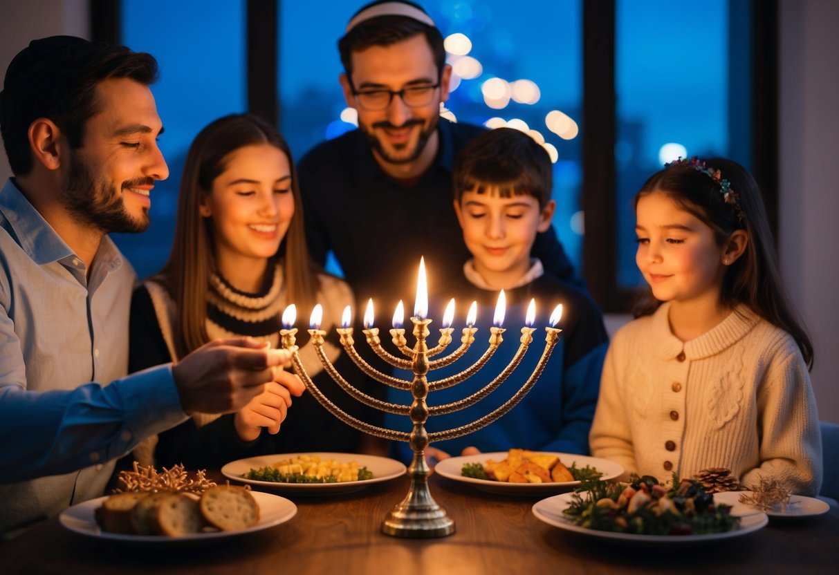 A family lighting a menorah on the eighth night of Hanukkah in Israel, surrounded by traditional holiday foods and decorations