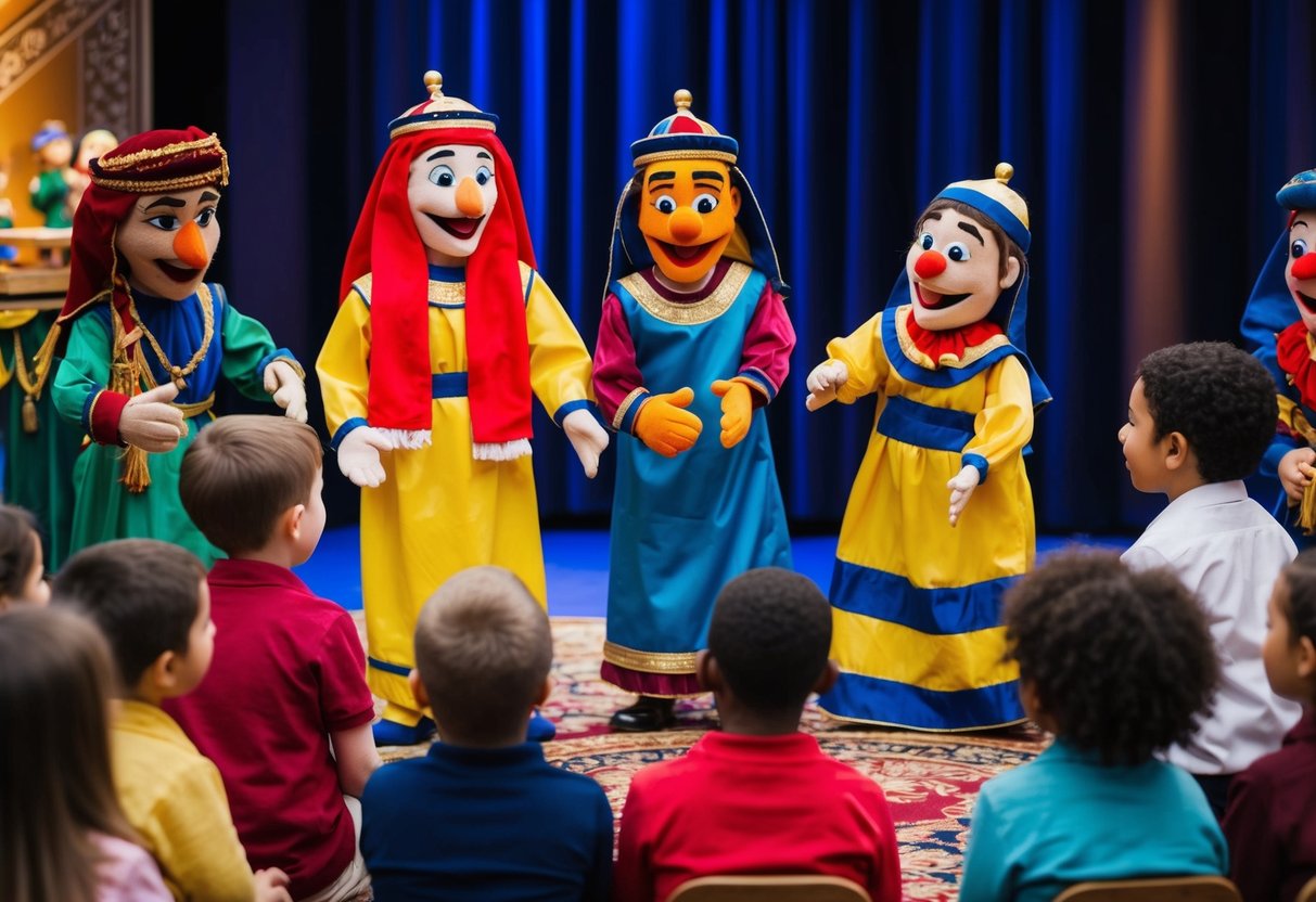 A puppet show depicts the Exodus story with colorful puppets acting out the Passover traditions. Children eagerly watch and participate in the interactive storytelling