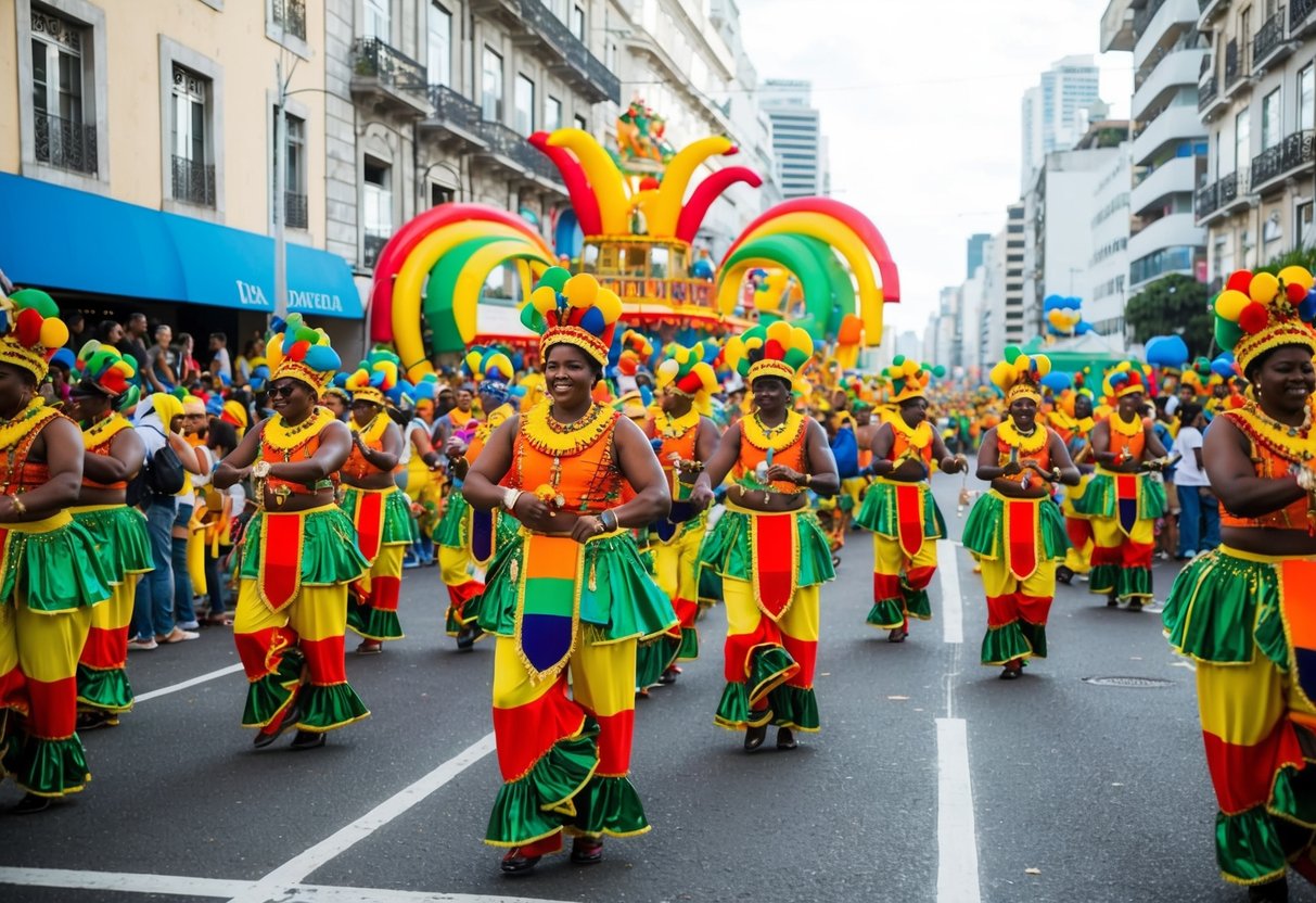 A vibrant parade of colorful floats, dancers, and musicians fills the streets of Rio de Janeiro during the Carnival in Brazil