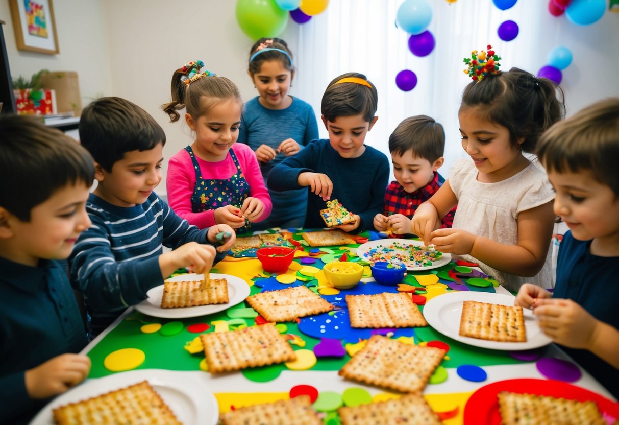 Children gather around a table covered with colorful decorations and matzo. They eagerly decorate the matzo with various toppings and designs, creating a festive and joyful atmosphere